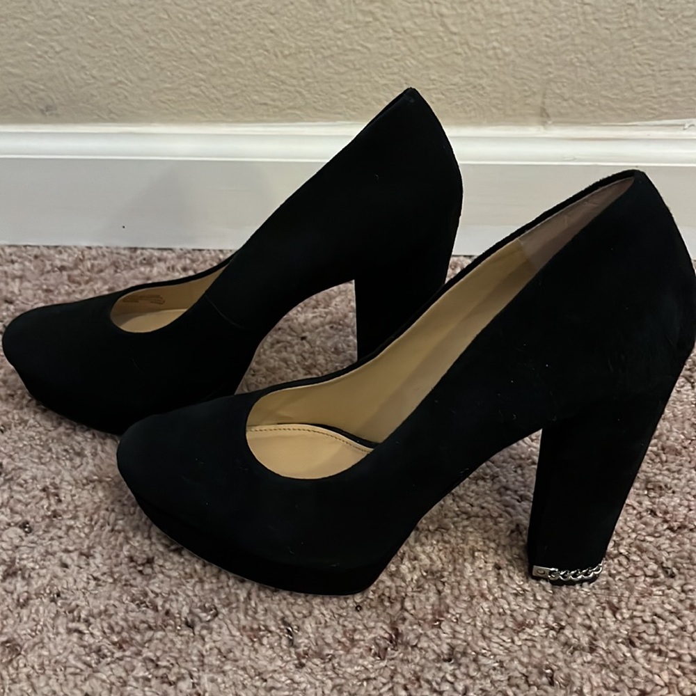 Michael Kors Black Suede Pump Heel Chain Link, Size 9, Color: Black